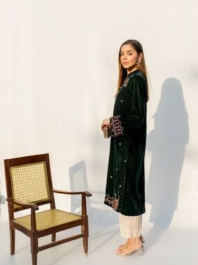 Dark Green Velvet Embroidered Kurta - Khaadi - New w/ Tag